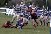 Tynedale's Hamish Smales layes the ball off against Blackheath, National League Division 1, Tynedale Park, Corbridge, Northumberland.